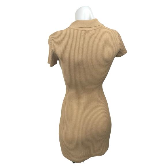 Tiger Mist Tan Ribbed Knit Short Sleeve Polo Sculpt Mini Sweater Dress Size XS - Picture 2 of 4
